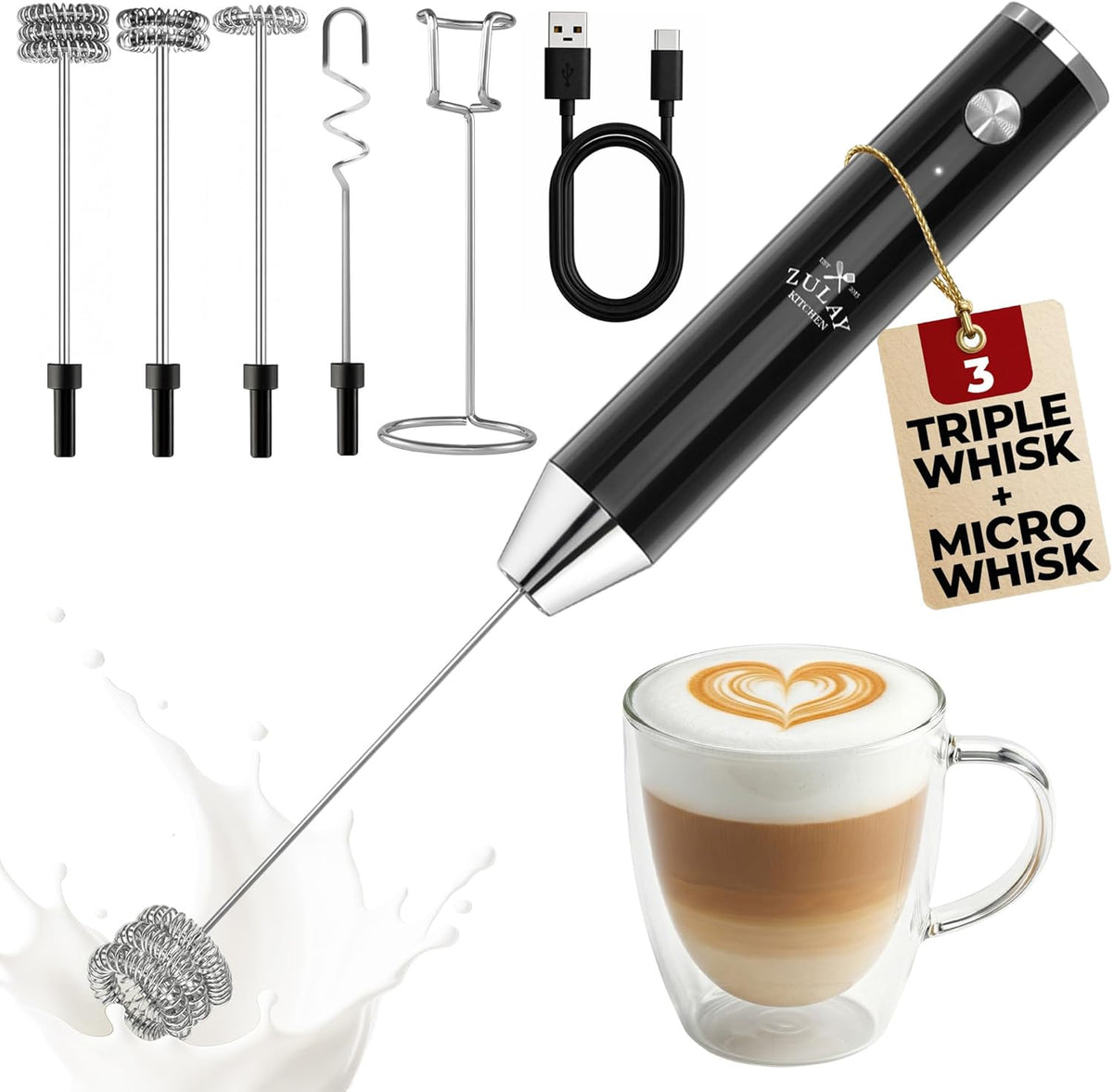 Zulay Kitchen Rechargeable Milk Frother Handheld - Frother Wand, Drink Mixer, Electric Whisk Frother, for Cappuccinos, Matcha & Protein Powder - Dynamic 3 Whisk, 3 Speed 500mAh Black