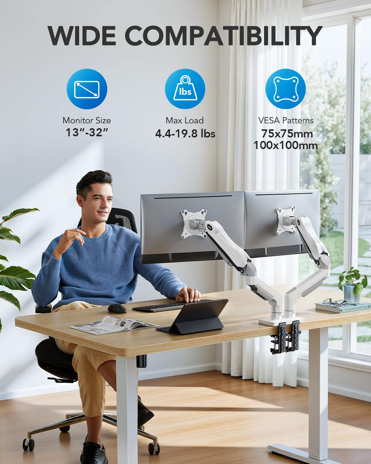 FlowLift™ Dual Monitor Stand, Fully Adjustable Gaming Desk Mount 13–32″ Screens,Each Arm Holds up to 19.8 lbs