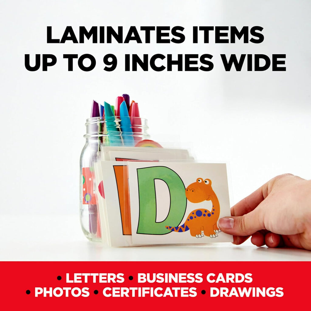 Hand holding a laminated card with colorful letters, next to a jar of pens, on a white background with text about product capabilities.