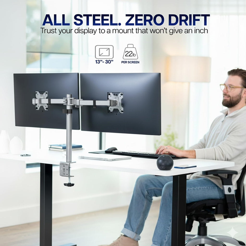 Dual Monitor Desk Mount, Holds 2 Computer Screens up to 30 inches