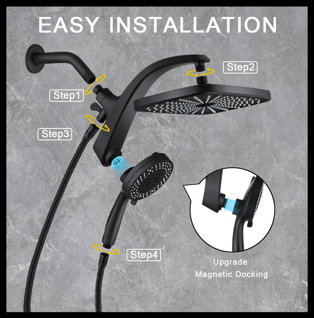 Shower Head with Rainfall Patter | Handheld Showerhead | Black | 1.8GPM