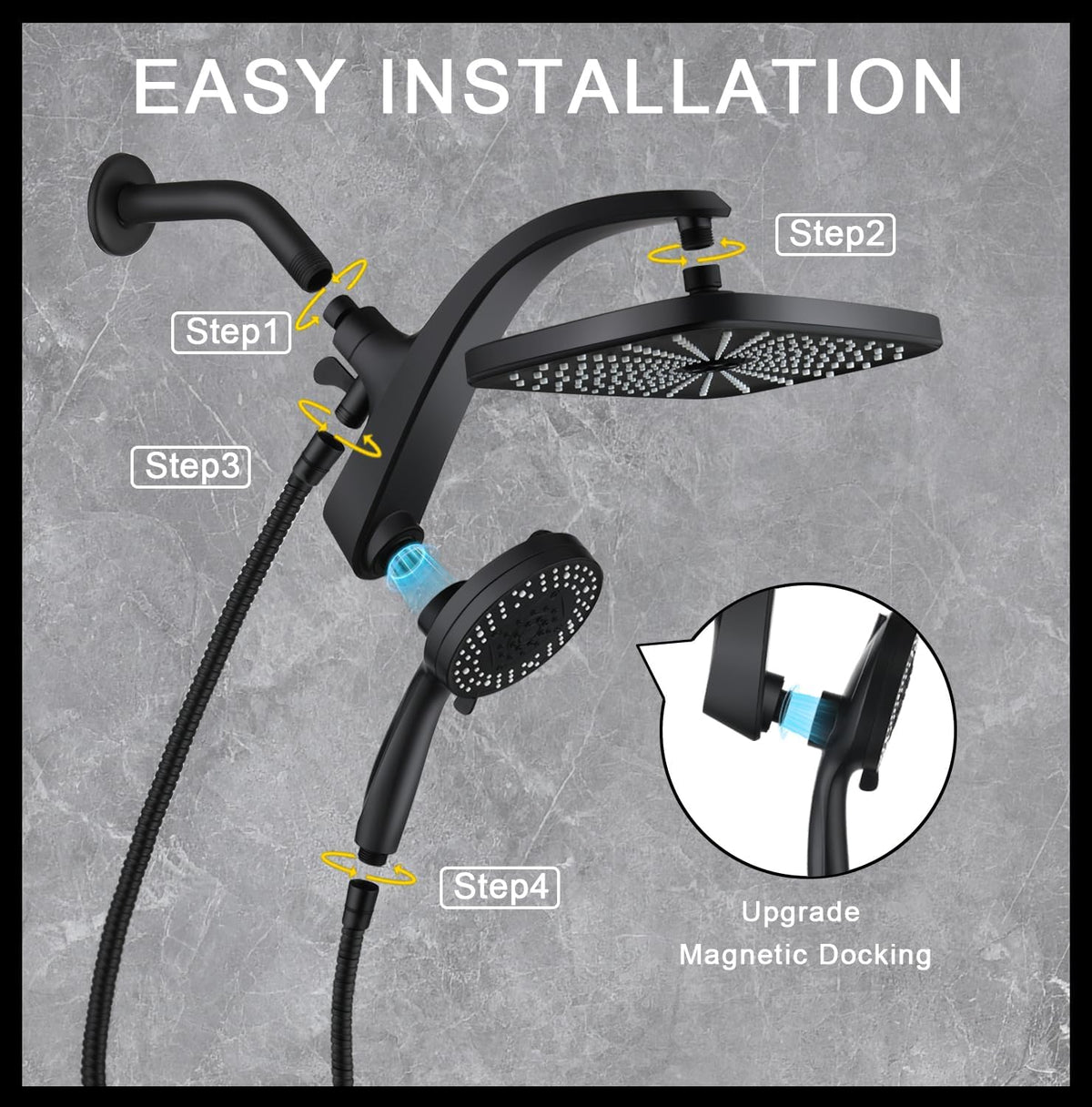Shower Head with Rainfall Patter | Handheld Showerhead | Black | 1.8GPM