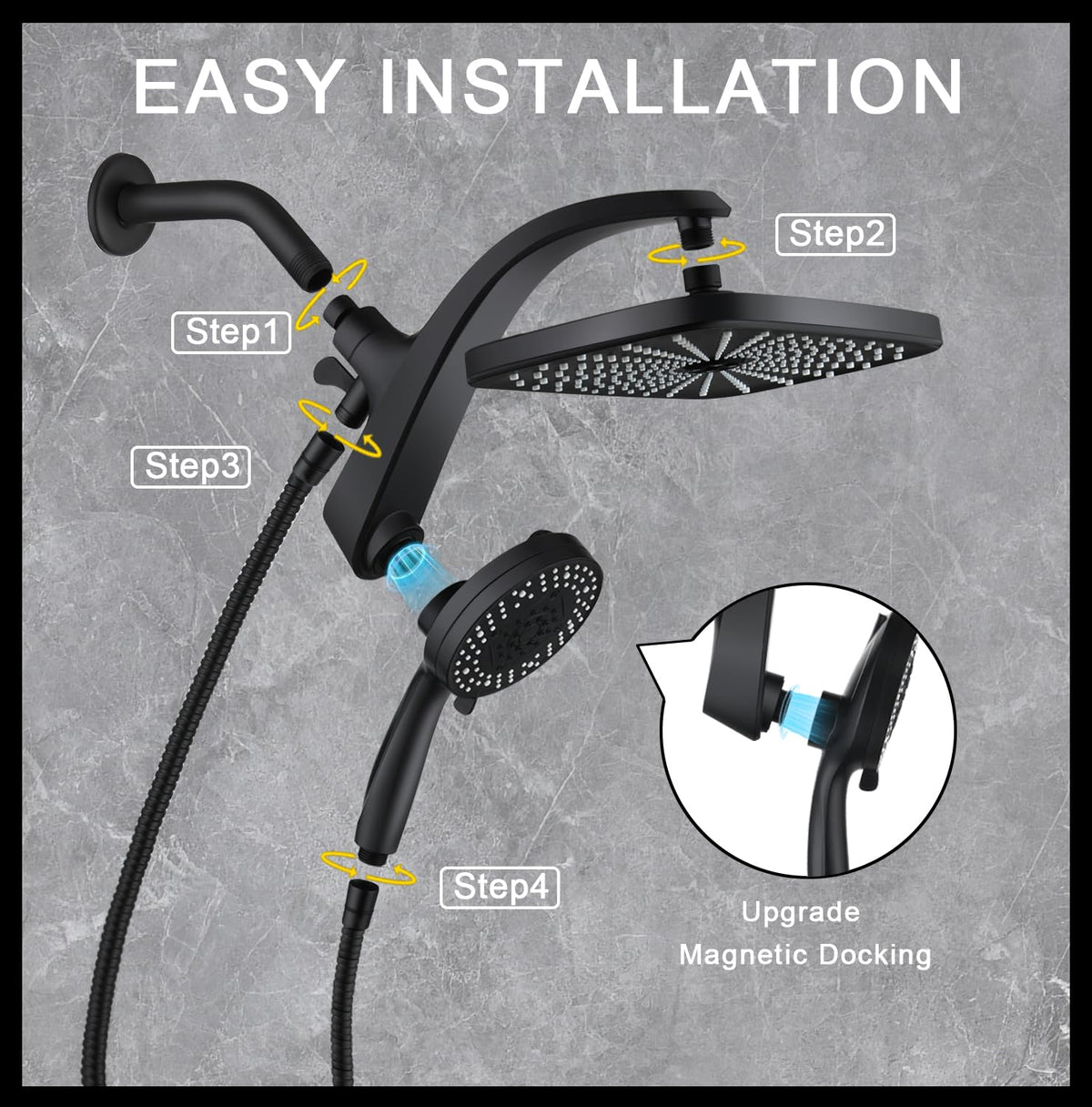 Shower Head with Rainfall Patter | Handheld Showerhead | Black | 1.8GPM
