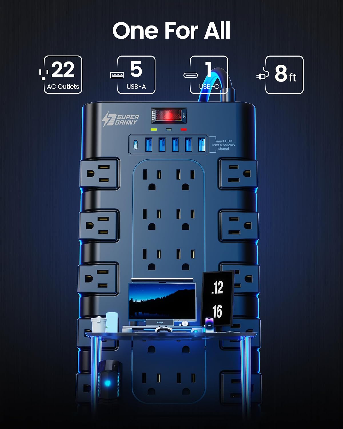 SUPERDANNY Power Strip Surge Protector, 22 AC 6 USB, 2100J, 6.5Ft,1875W/15A