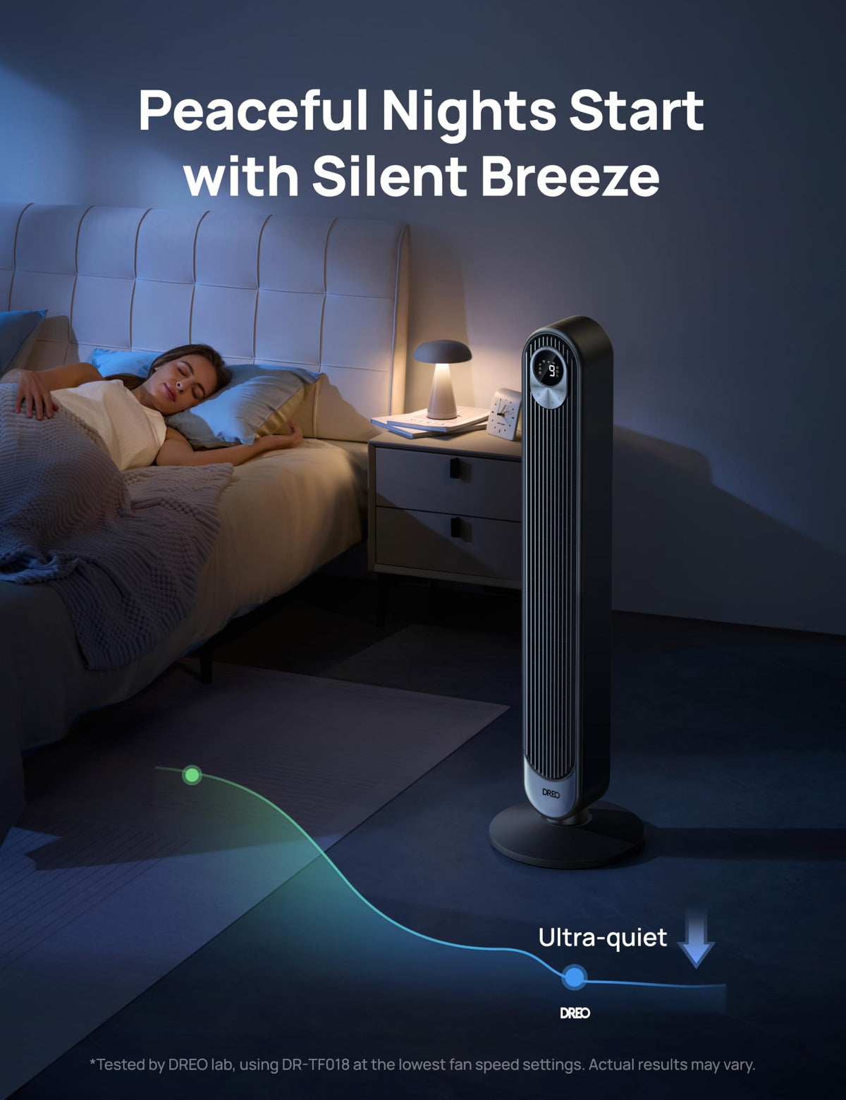 DREO Tower Fan for Bedroom, 25ft/s Velocity, 28dB Ultra Quiet, 4 Speeds