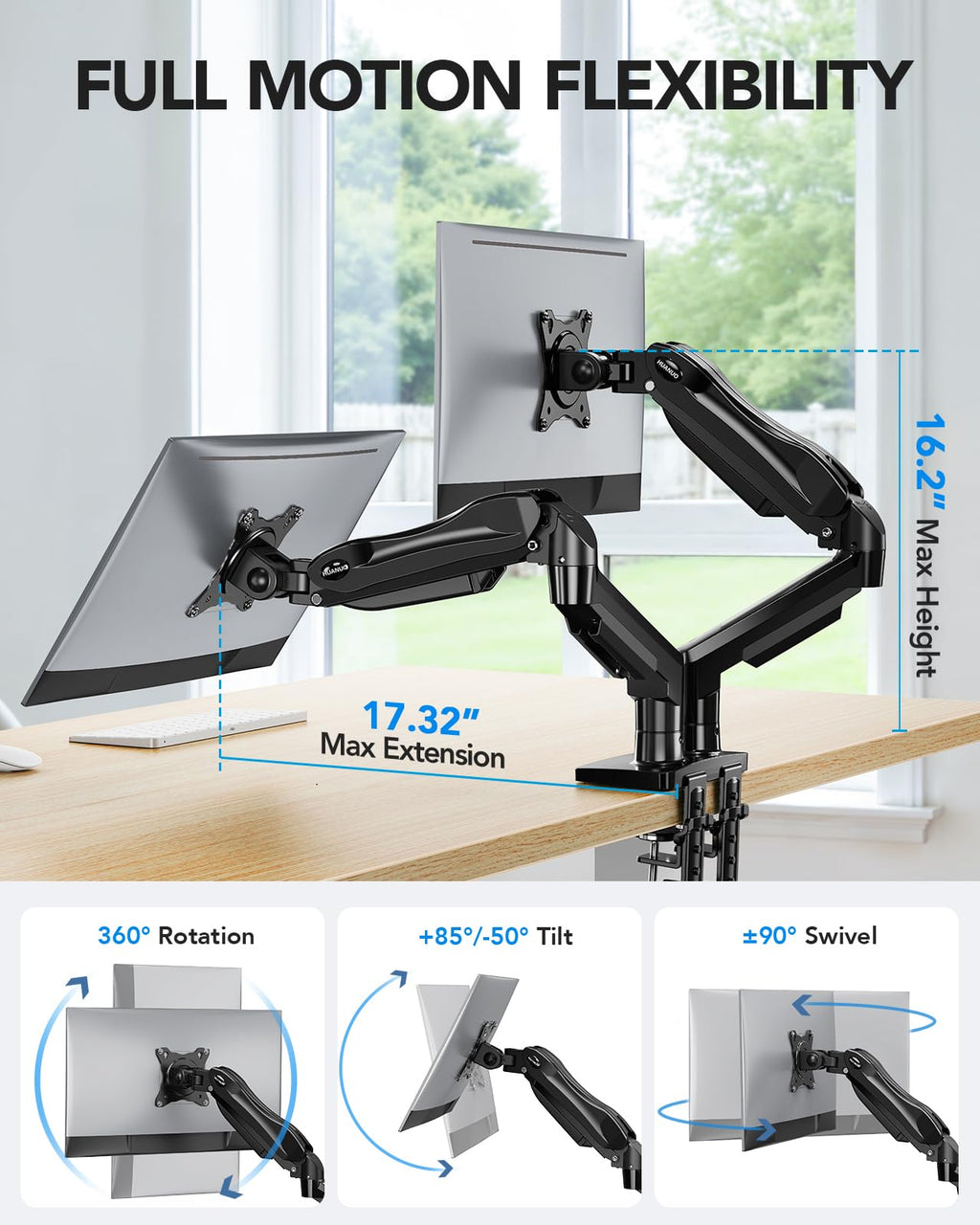 FlowLift™ Dual Monitor Stand, Fully Adjustable Gaming Desk Mount 13–32″ Screens,Each Arm Holds up to 19.8 lbs