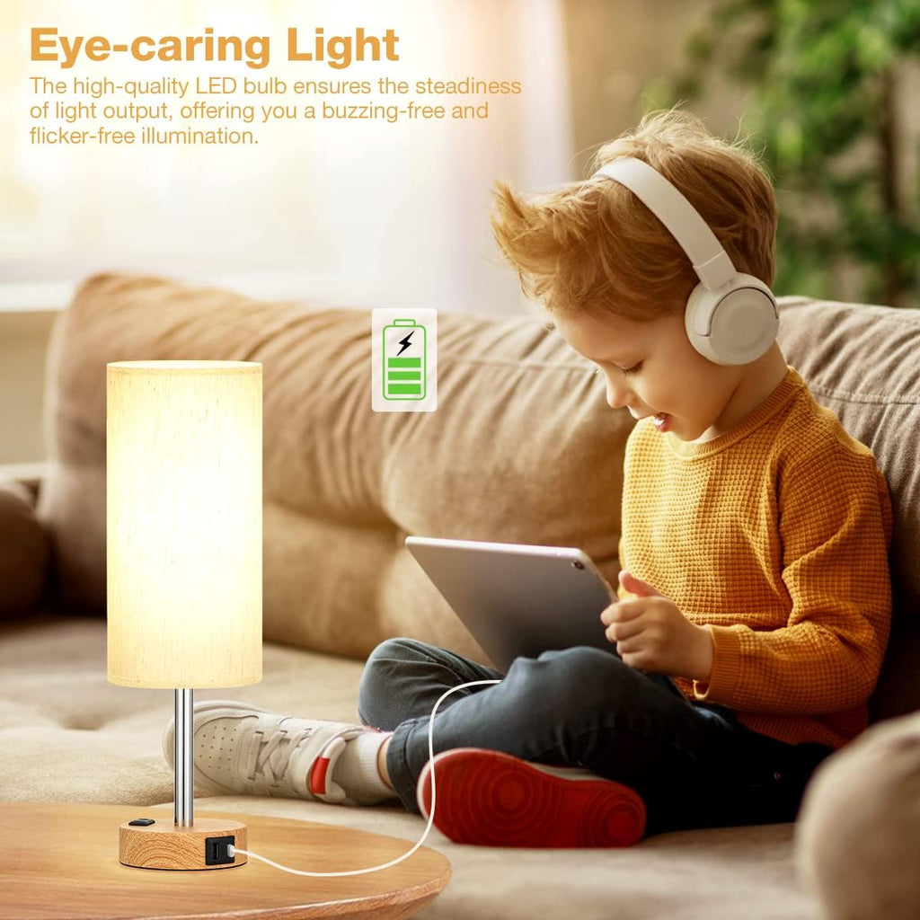 Bedside Table Lamp - Dimmable Touch, Wood-Grain Metal Base