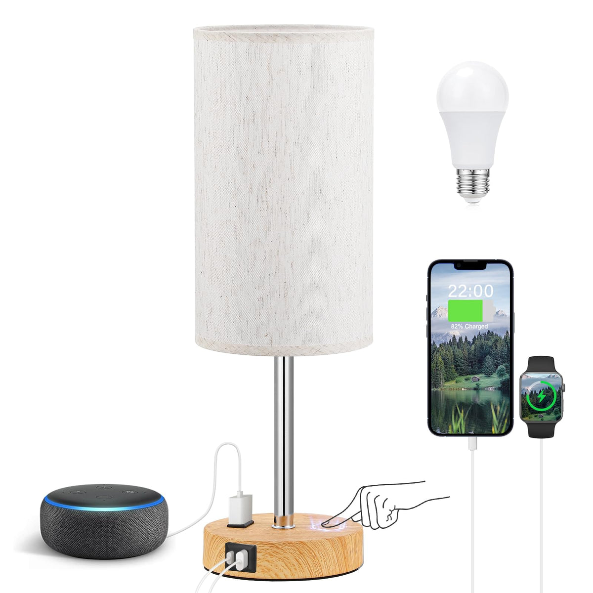 Bedside Table Lamp - Dimmable Touch, Wood-Grain Metal Base