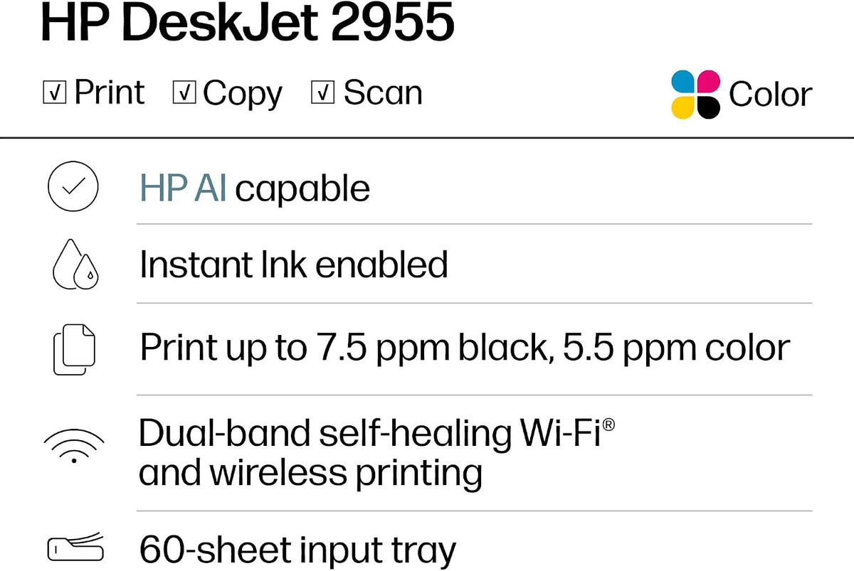 Feature list graphic for an HP DeskJet 2955 printer showing print, copy, scan, HP AI capability, instant ink, print capacity, wireless printing, and 60-sheet input tray on a white background.