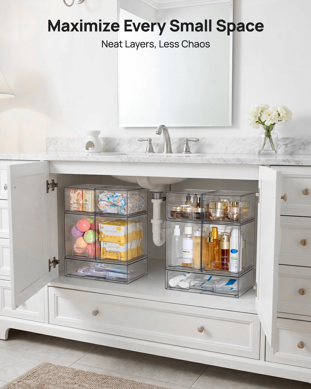 Clear Stackable Storage Drawers Set of 5, Plastic Organizer Bins |