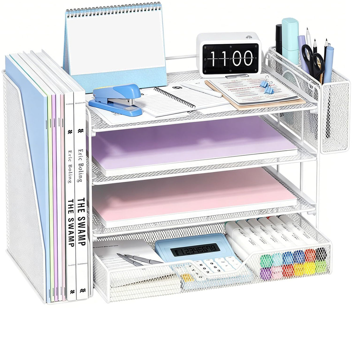 White desk organizer with shelves and a drawer, holding office supplies.