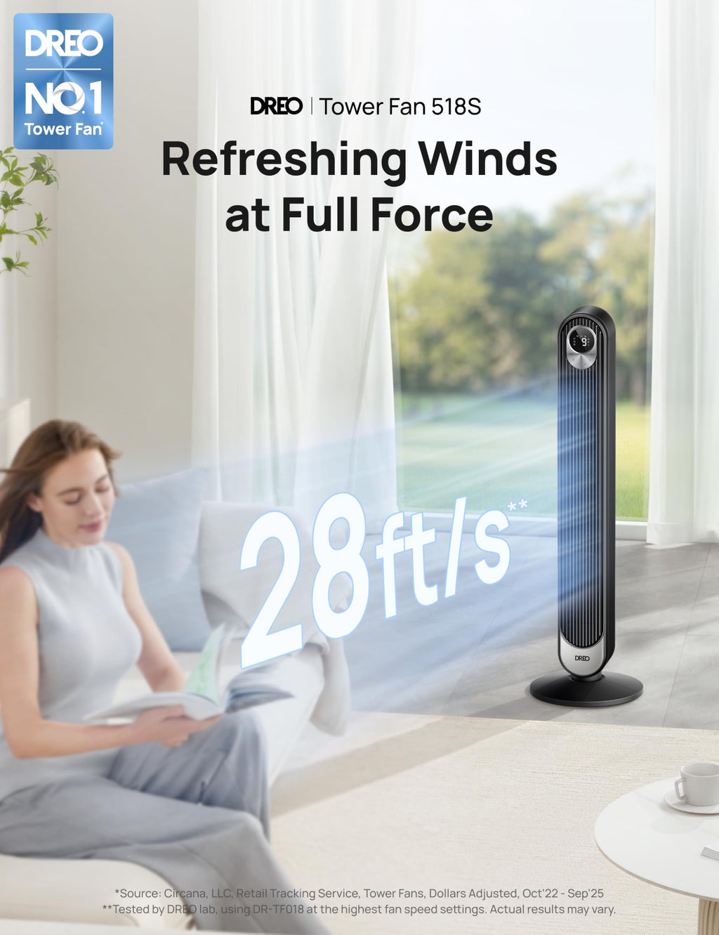 DREO Tower Fan for Bedroom, 25ft/s Velocity, 28dB Ultra Quiet, 4 Speeds