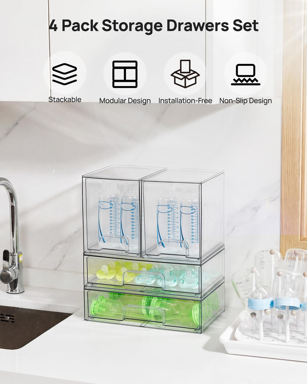 Clear Stackable Storage Drawers Set of 5, Plastic Organizer Bins |
