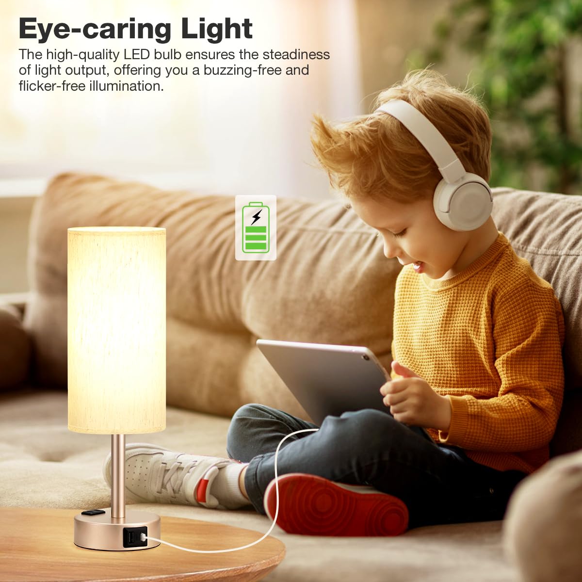 Bedside Table Lamp - Dimmable Touch, Wood-Grain Metal Base
