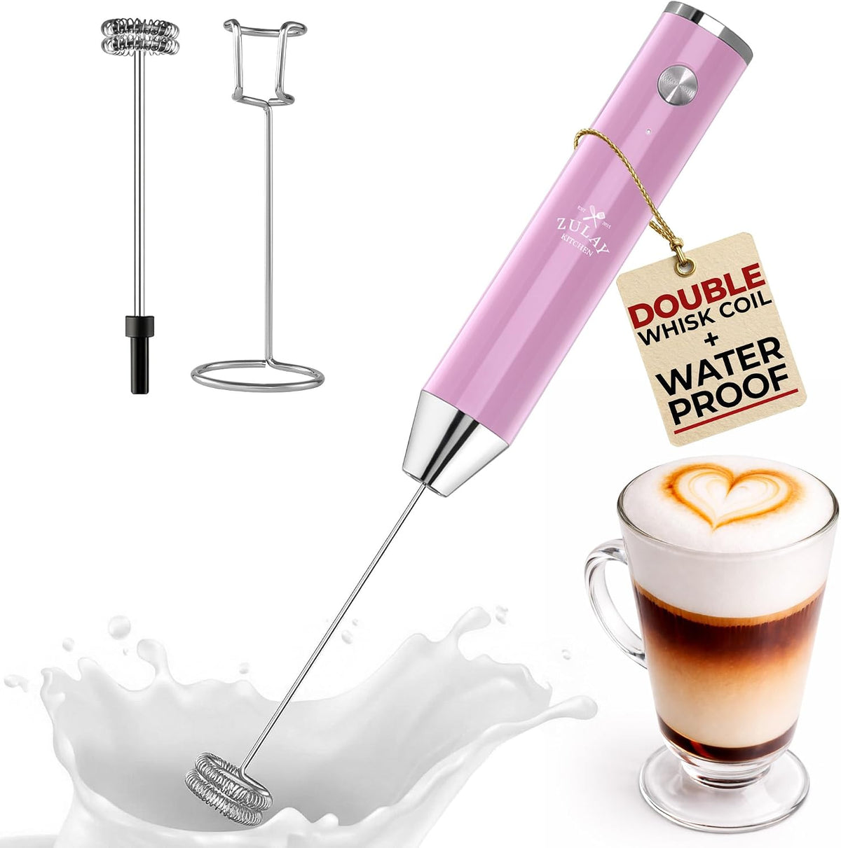 Zulay Kitchen Rechargeable Milk Frother Handheld - Frother Wand, Drink Mixer, Electric Whisk Frother, for Cappuccinos, Matcha & Protein Powder - Dynamic 3 Whisk, 3 Speed 500mAh Black