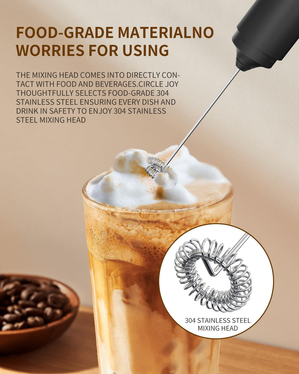 CIRCLE JOY Rechargeable Milk Frother Handheld, Dual Coil Whisk Head Electric Coffee Frother, Portable Hand Frother Wand Drink Mixer for Matcha Lattes Cappuccino, Kitchen Gifts, Black
