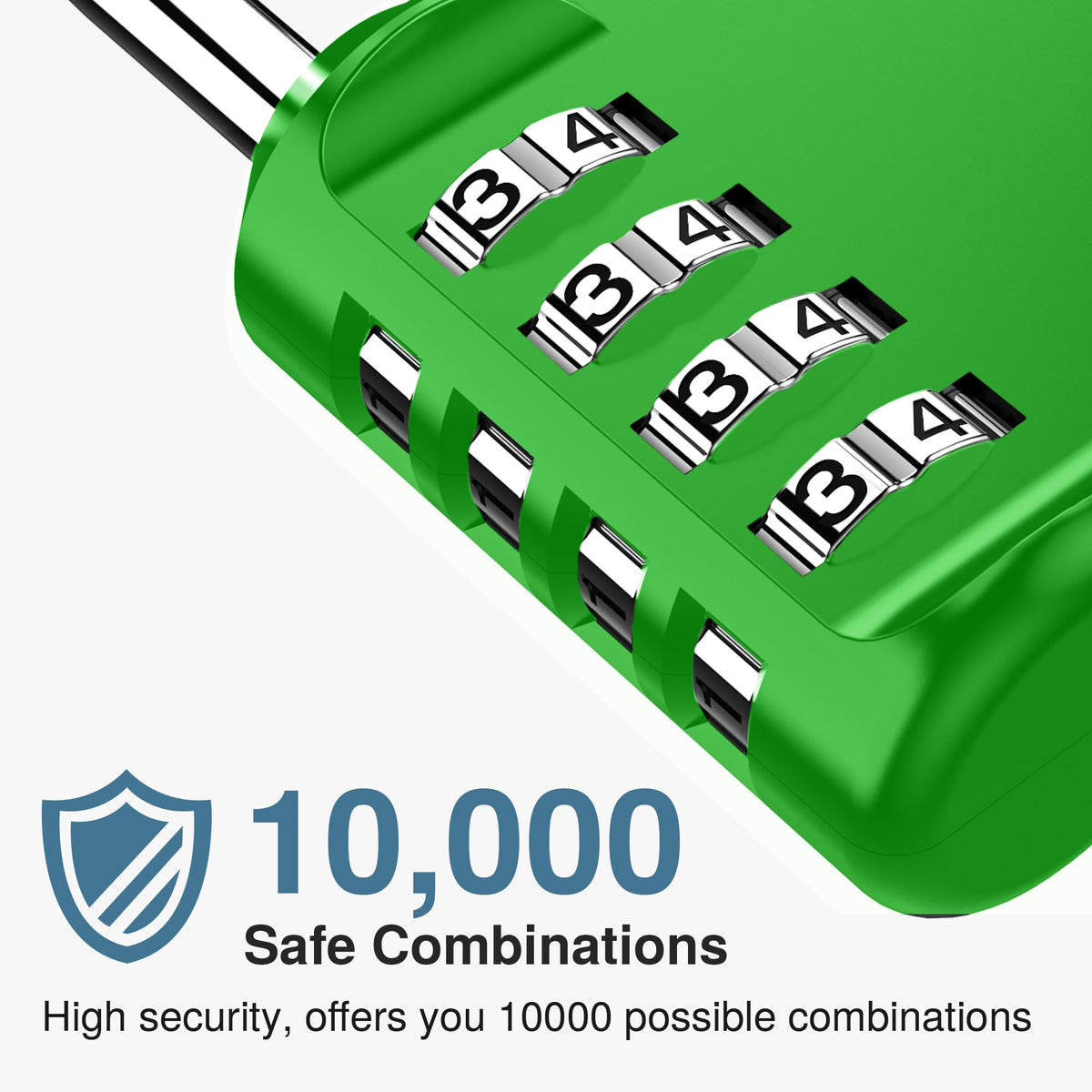 Green combination lock with numeric dials on a white background, featuring text about safe combinations.
