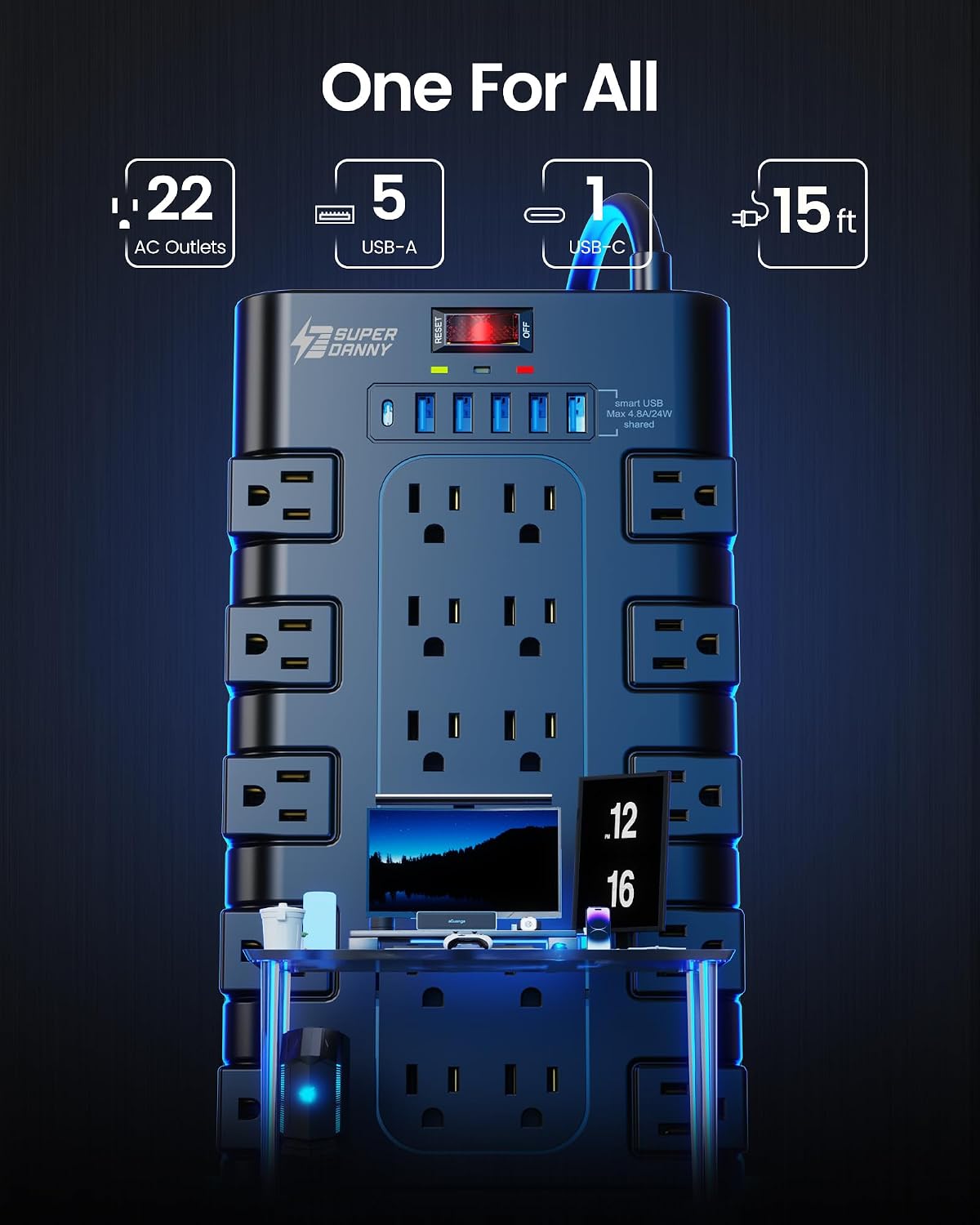 SUPERDANNY Power Strip Surge Protector, 22 AC 6 USB, 2100J, 6.5Ft,1875W/15A