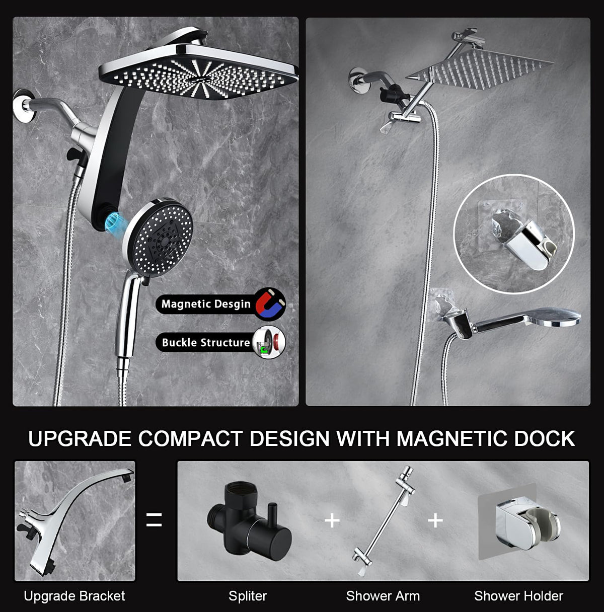 Shower Head with Rainfall Patter | Handheld Showerhead | Black | 1.8GPM