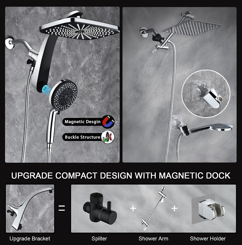 Shower head set with magnetic dock feature on a gray stone background