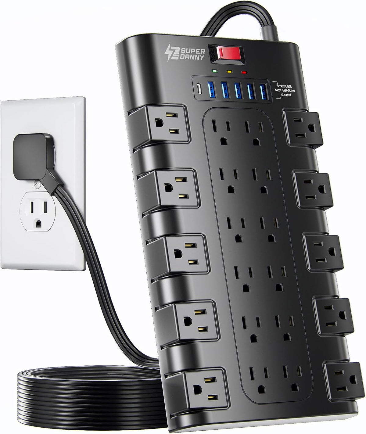 SUPERDANNY Power Strip Surge Protector, 22 AC 6 USB, 2100J, 6.5Ft,1875W/15A