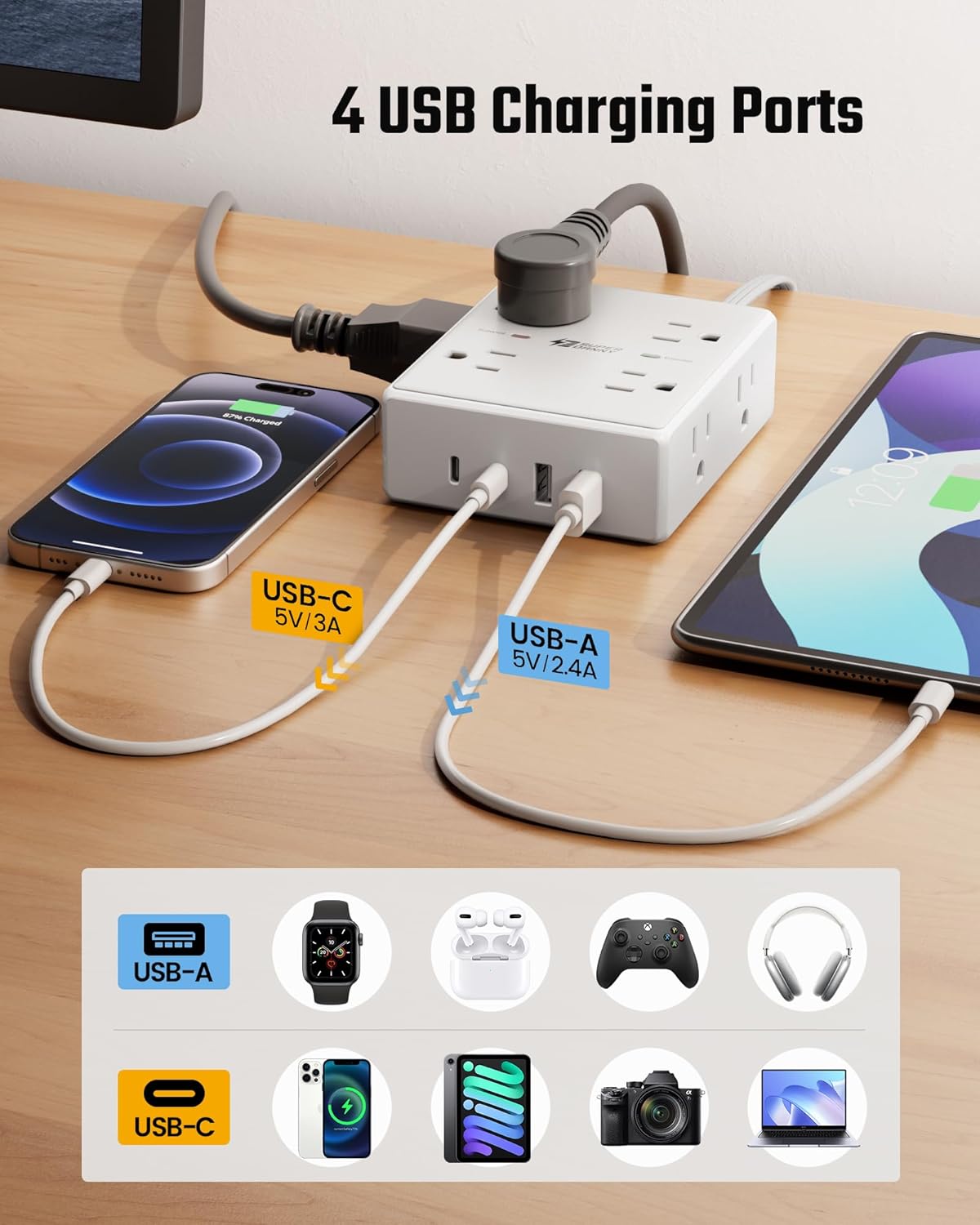 Extension Cord,Flat Plug Surge Protector Power Strip,10Ft | 8 AC & 4 USB Ports