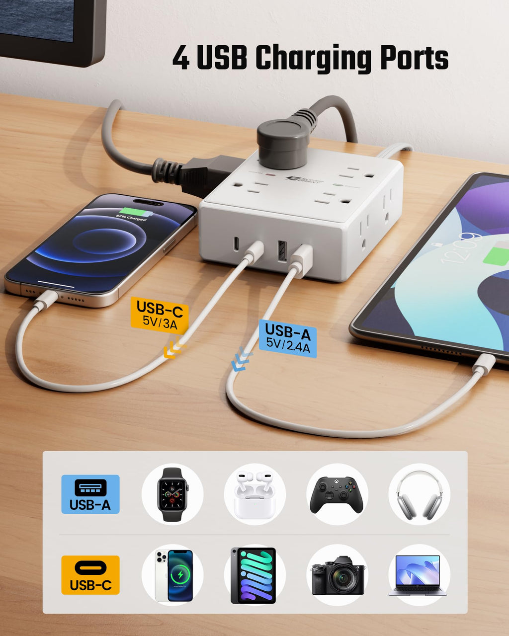 Extension Cord,Flat Plug Surge Protector Power Strip,10Ft | 8 AC & 4 USB Ports
