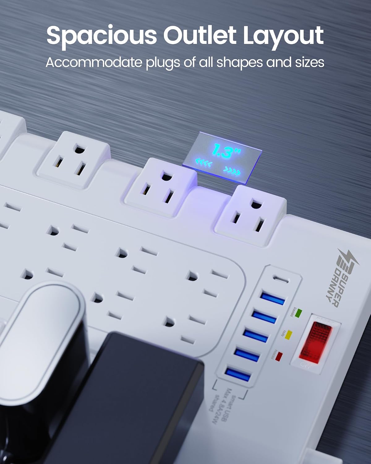 SUPERDANNY Power Strip Surge Protector, 22 AC 6 USB, 2100J, 6.5Ft,1875W/15A
