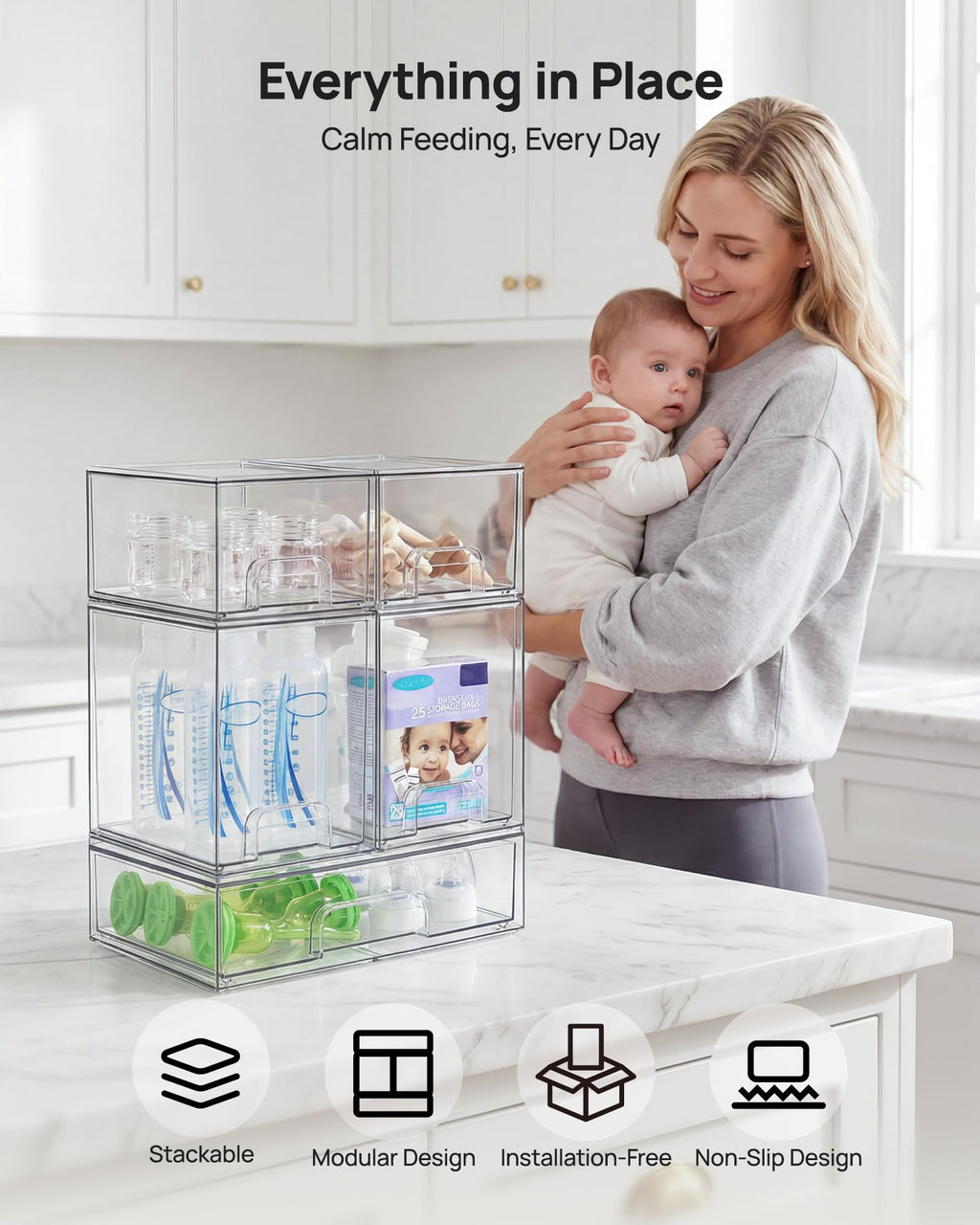 Clear Stackable Storage Drawers Set of 5, Plastic Organizer Bins |