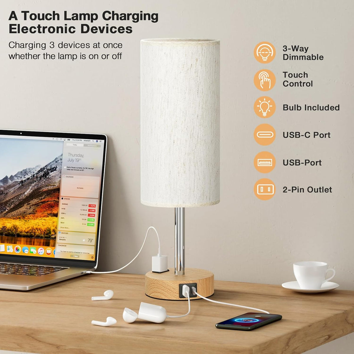 Bedside Table Lamp - Dimmable Touch, Wood-Grain Metal Base