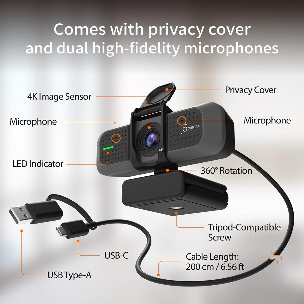 j5create 4K Wide Angle Webcam with Microphone