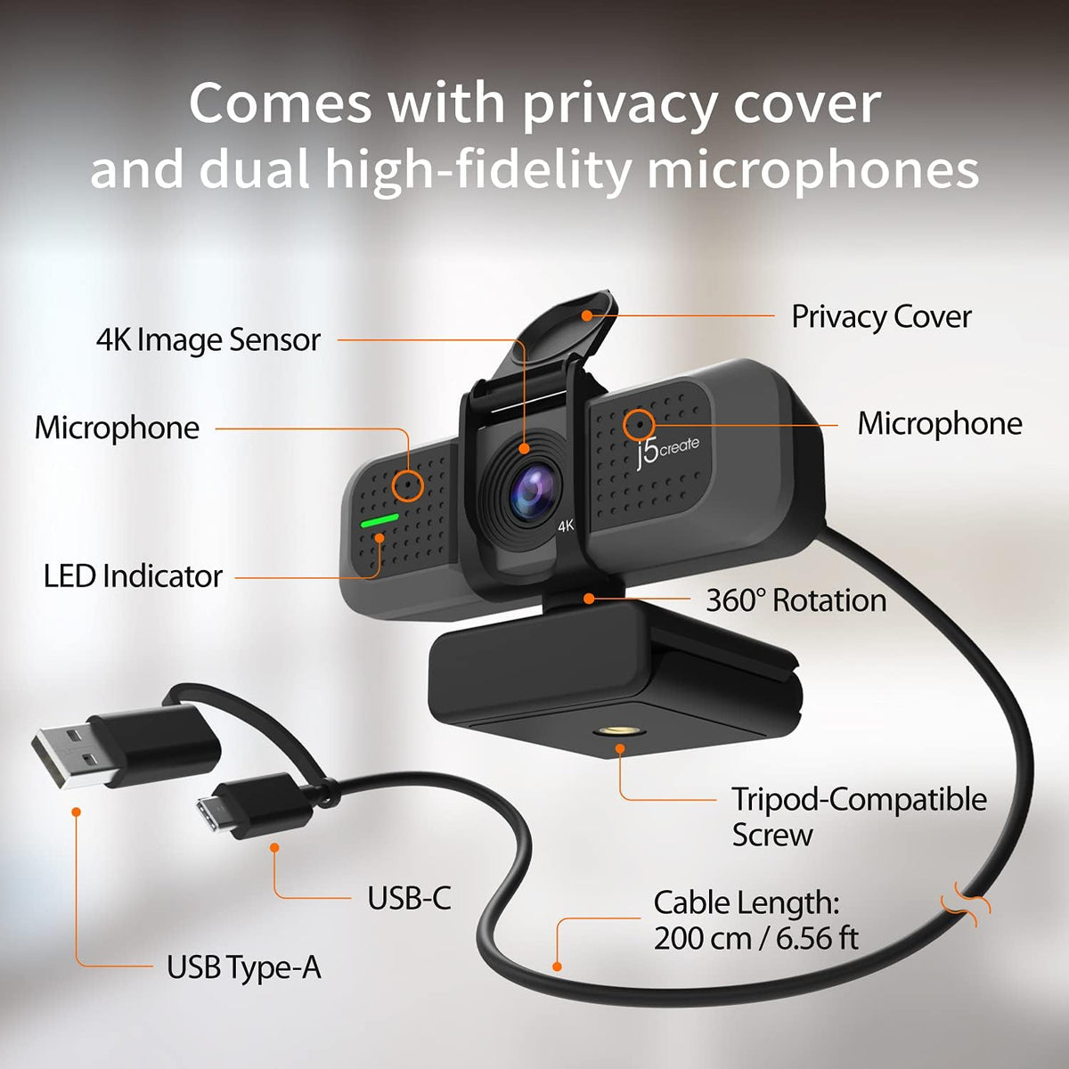 j5create 4K Wide Angle Webcam with Microphone