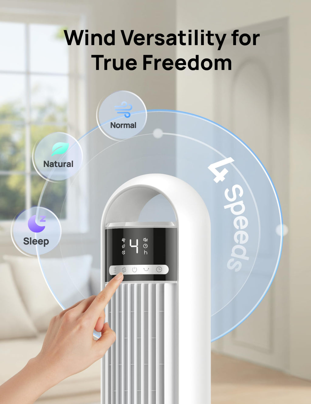 DREO Tower Fan for Bedroom, 25ft/s Velocity, 28dB Ultra Quiet, 4 Speeds