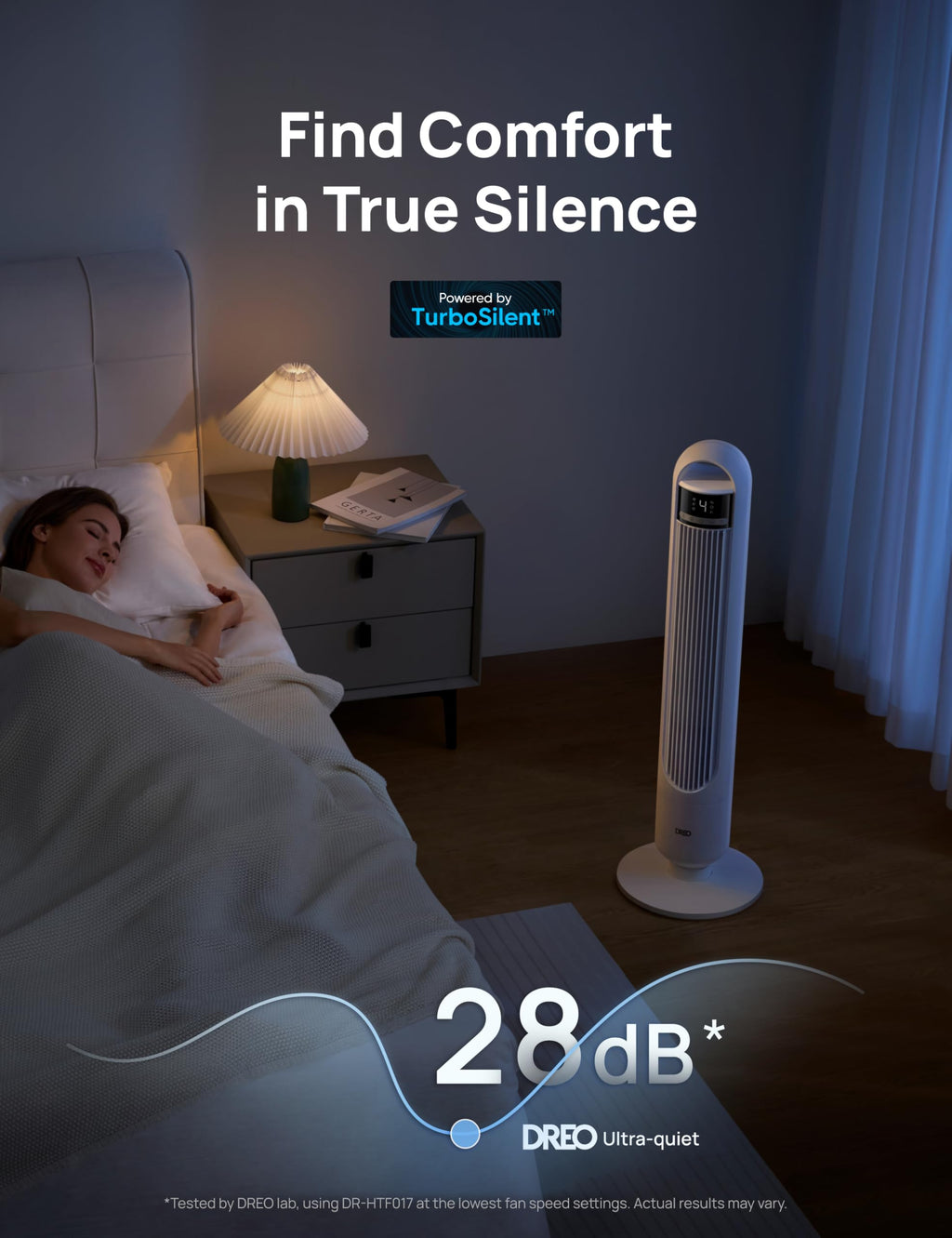 DREO Tower Fan for Bedroom, 25ft/s Velocity, 28dB Ultra Quiet, 4 Speeds