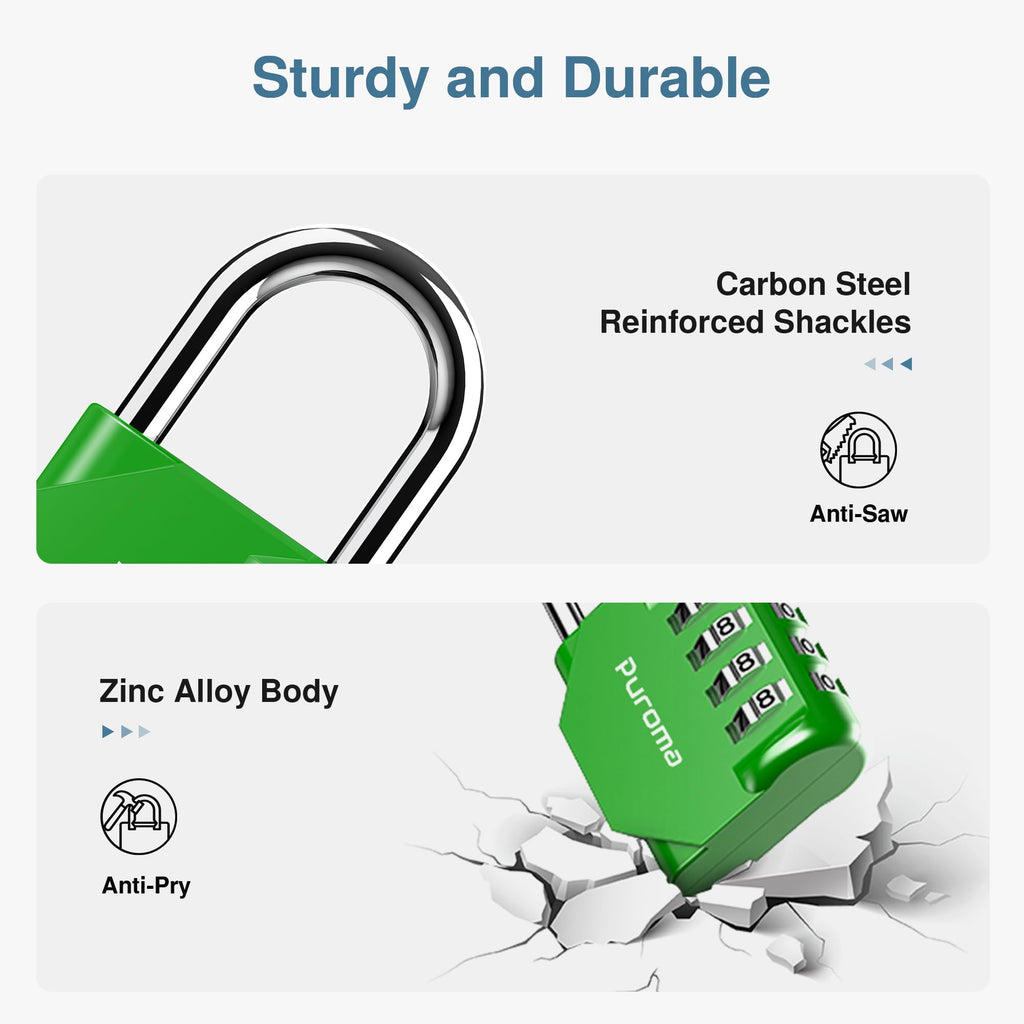 Green combination lock with text highlighting features on a white background