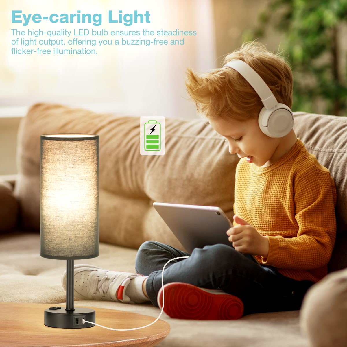 Bedside Table Lamp - Dimmable Touch, Wood-Grain Metal Base