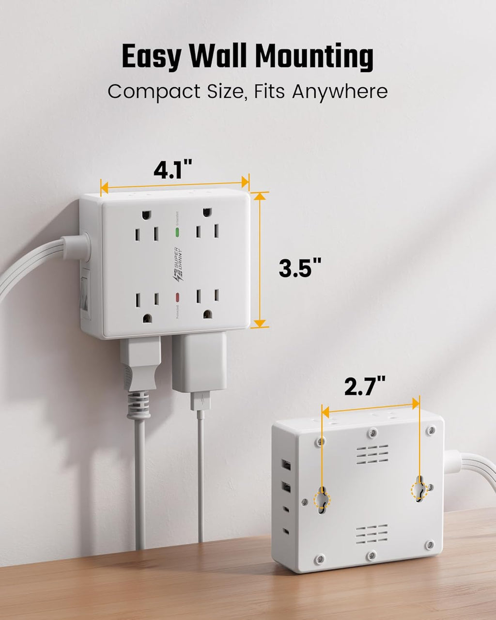 Extension Cord,Flat Plug Surge Protector Power Strip,10Ft | 8 AC & 4 USB Ports