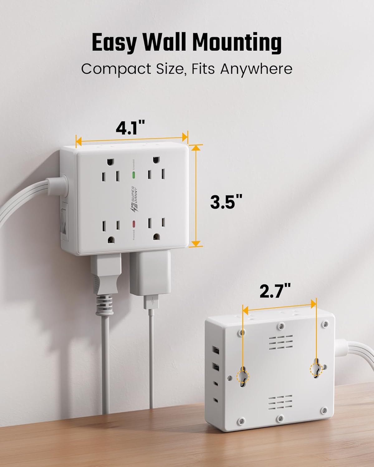 Extension Cord,Flat Plug Surge Protector Power Strip,10Ft | 8 AC & 4 USB Ports