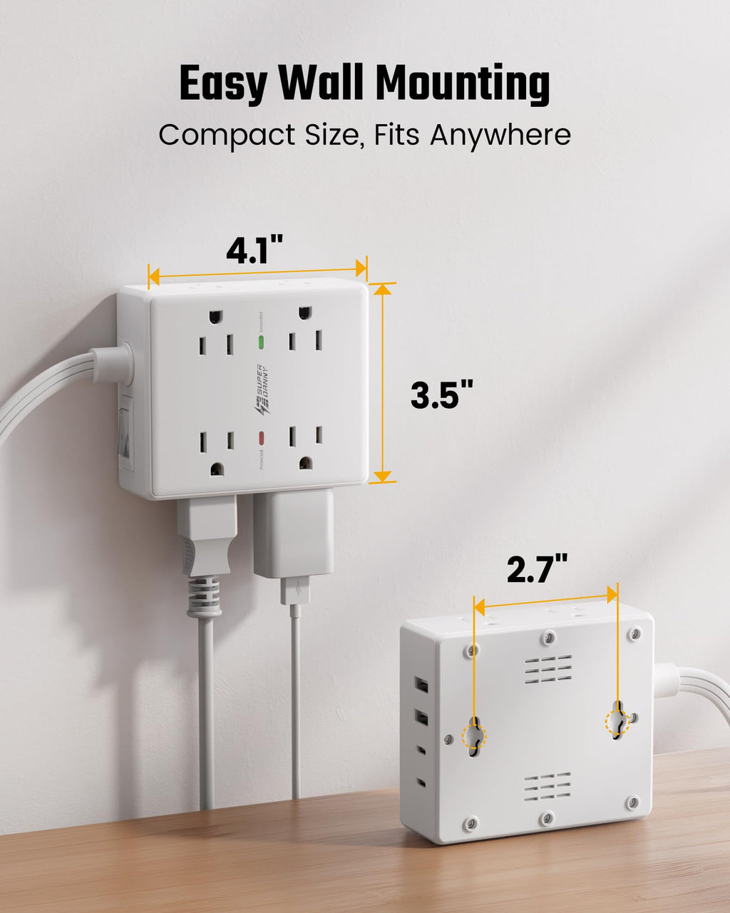 Extension Cord,Flat Plug Surge Protector Power Strip,10Ft | 8 AC & 4 USB Ports