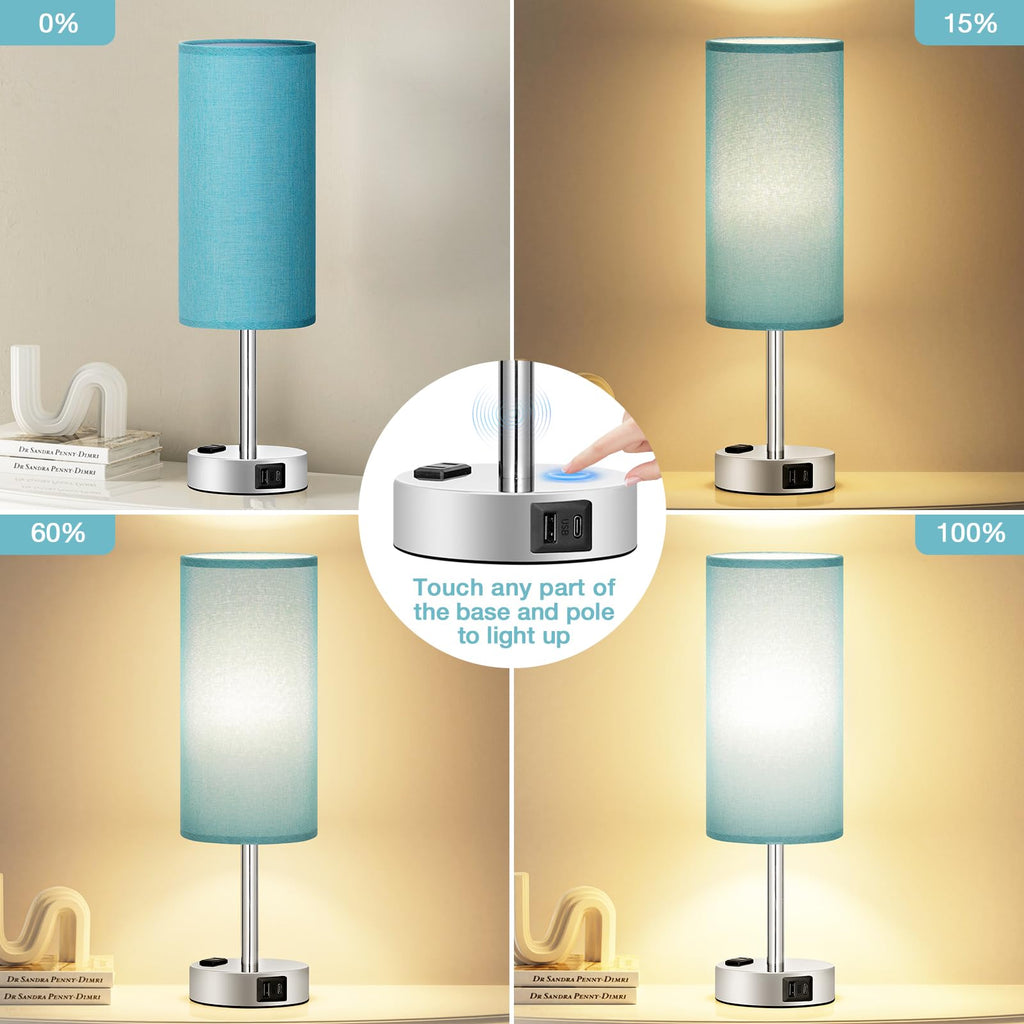 Bedside Table Lamp - Dimmable Touch, Wood-Grain Metal Base
