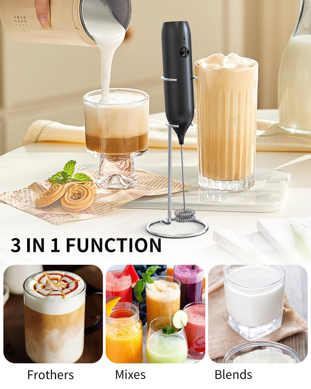 CIRCLE JOY Rechargeable Milk Frother Handheld, Dual Coil Whisk Head Electric Coffee Frother, Portable Hand Frother Wand Drink Mixer for Matcha Lattes Cappuccino, Kitchen Gifts, Black