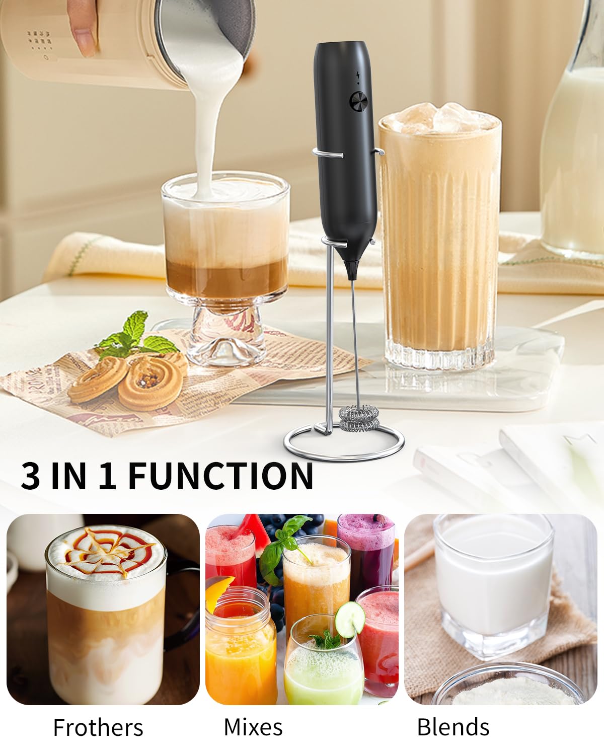 CIRCLE JOY Rechargeable Milk Frother Handheld, Dual Coil Whisk Head Electric Coffee Frother, Portable Hand Frother Wand Drink Mixer for Matcha Lattes Cappuccino, Kitchen Gifts, Black