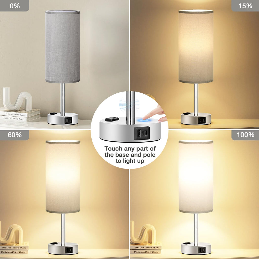 Bedside Table Lamp - Dimmable Touch, Wood-Grain Metal Base