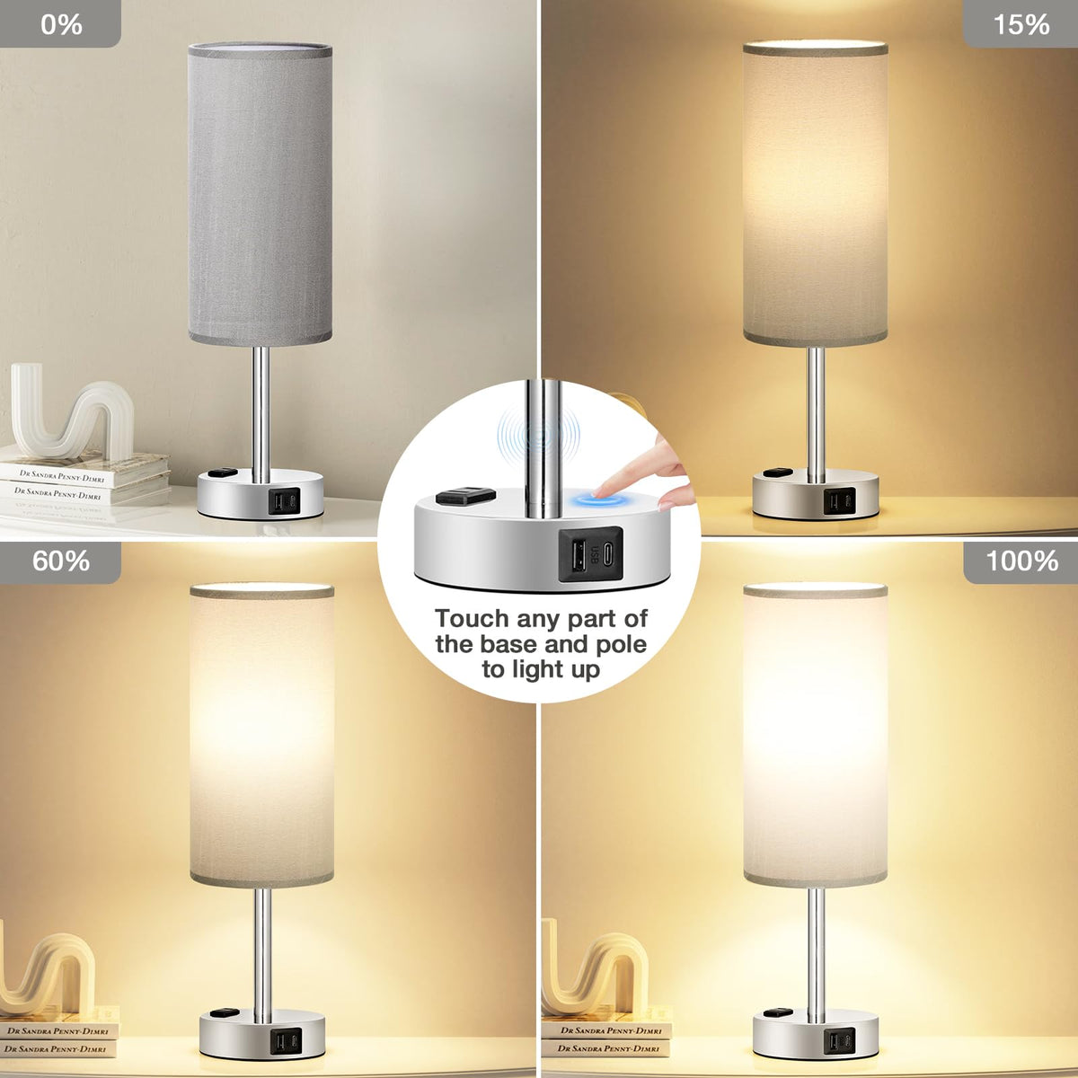 Bedside Table Lamp - Dimmable Touch, Wood-Grain Metal Base
