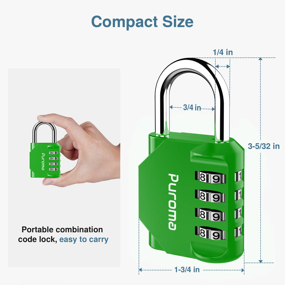 Green combination lock held by a hand with measurements and text on a white background