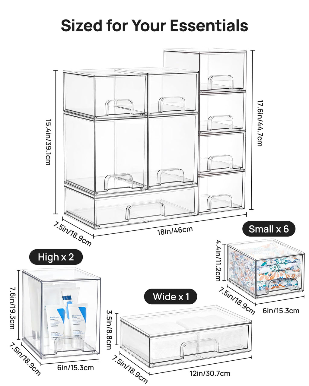 Clear Stackable Storage Drawers Set of 5, Plastic Organizer Bins |