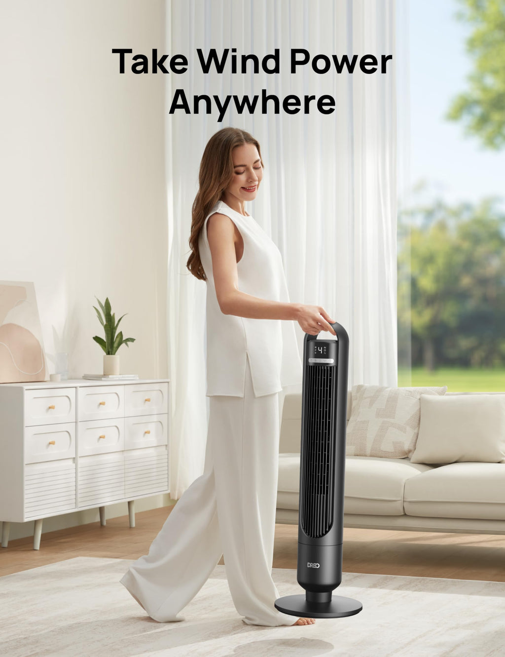 DREO Tower Fan for Bedroom, 25ft/s Velocity, 28dB Ultra Quiet, 4 Speeds