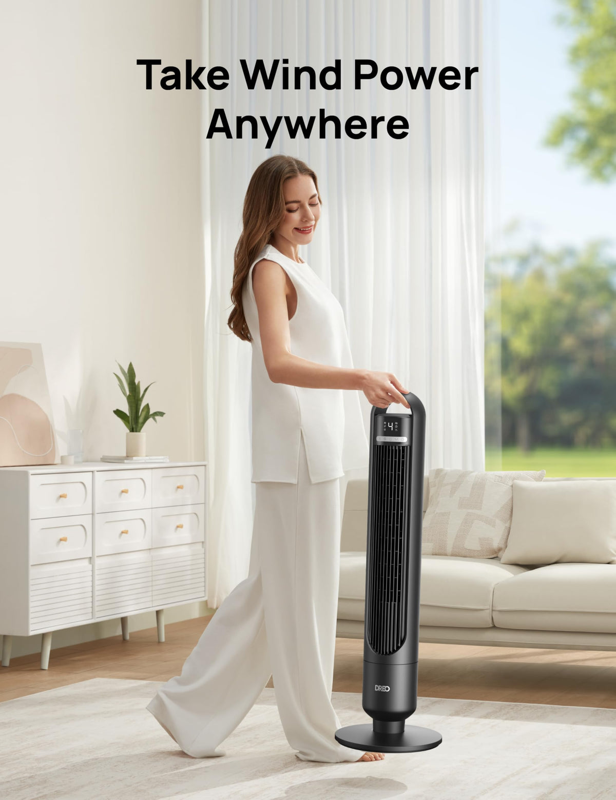 DREO Tower Fan for Bedroom, 25ft/s Velocity, 28dB Ultra Quiet, 4 Speeds