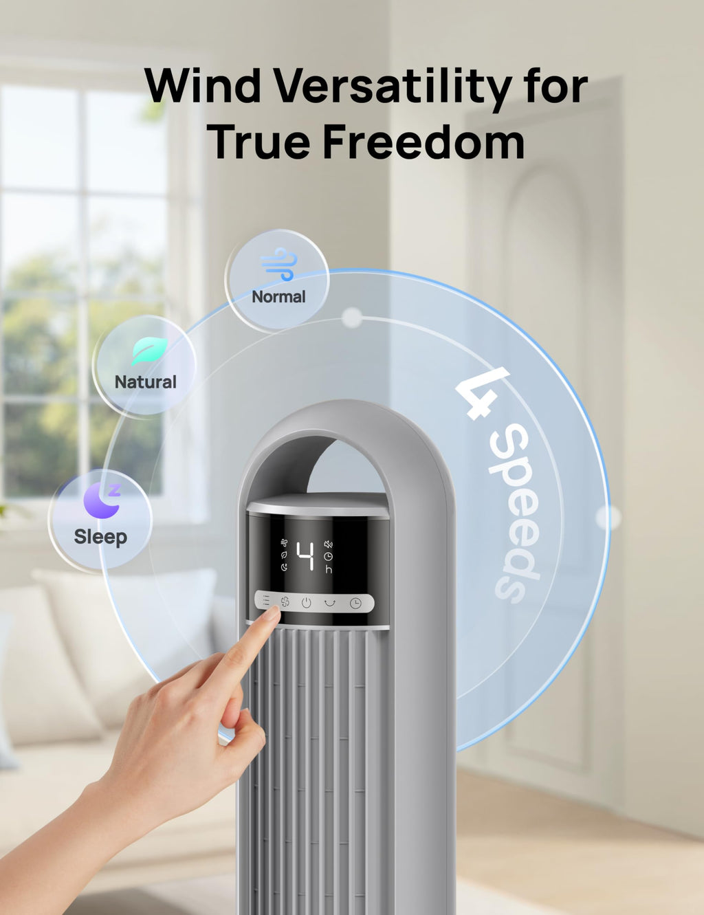 DREO Tower Fan for Bedroom, 25ft/s Velocity, 28dB Ultra Quiet, 4 Speeds