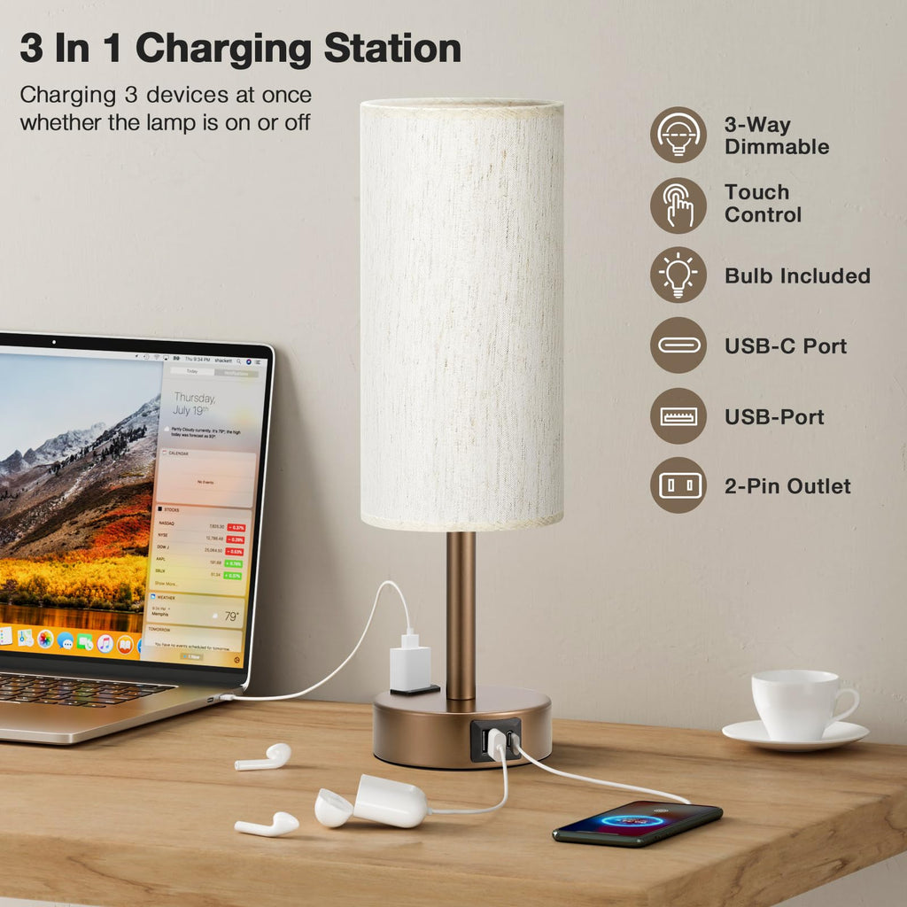 Bedside Table Lamp - Dimmable Touch, Wood-Grain Metal Base